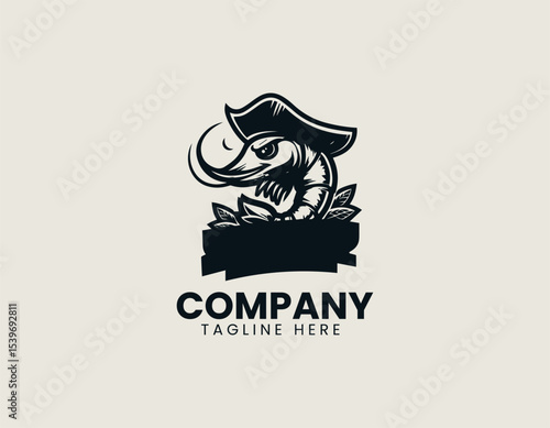 Cheerful shrimp pirate mascot character with pirate hat and hook hand designed as colorful vector logo illustration