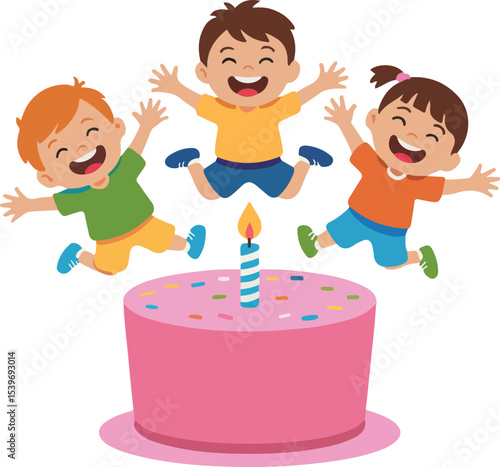 Three animated children leap with delight over a brightly decorated cake