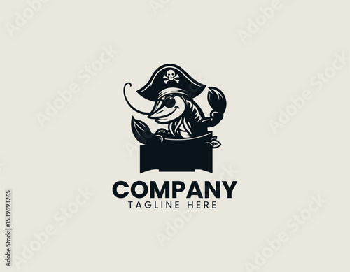 A fresh and playful shrimp pirate mascot character with eyepatch and bandana in bold vector logo illustration style