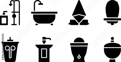 A collection of bathroom fixtures including a shower, bathtub, and various types of sinks and toilets
