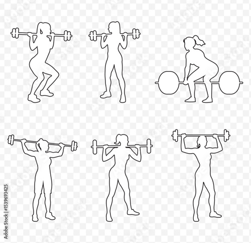 Female weightlifter silhouette athletic woman fitness or exercise vector in stroke on Transparent Background. EPS 10.