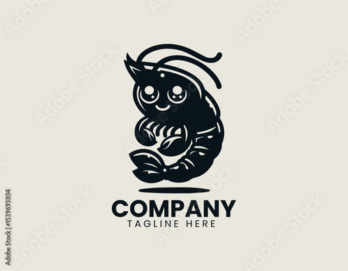 Stylish black shrimp mascot character with cute appearance and clean lines for versatile vector logo illustration