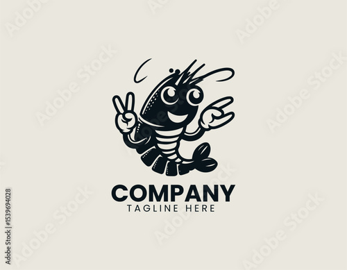 Playful black shrimp mascot character with expressive eyes and dynamic pose for vector logo design