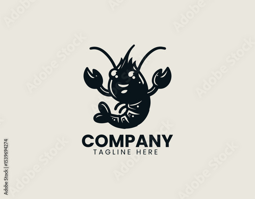 Playful black shrimp mascot character with expressive eyes and dynamic pose for vector logo design