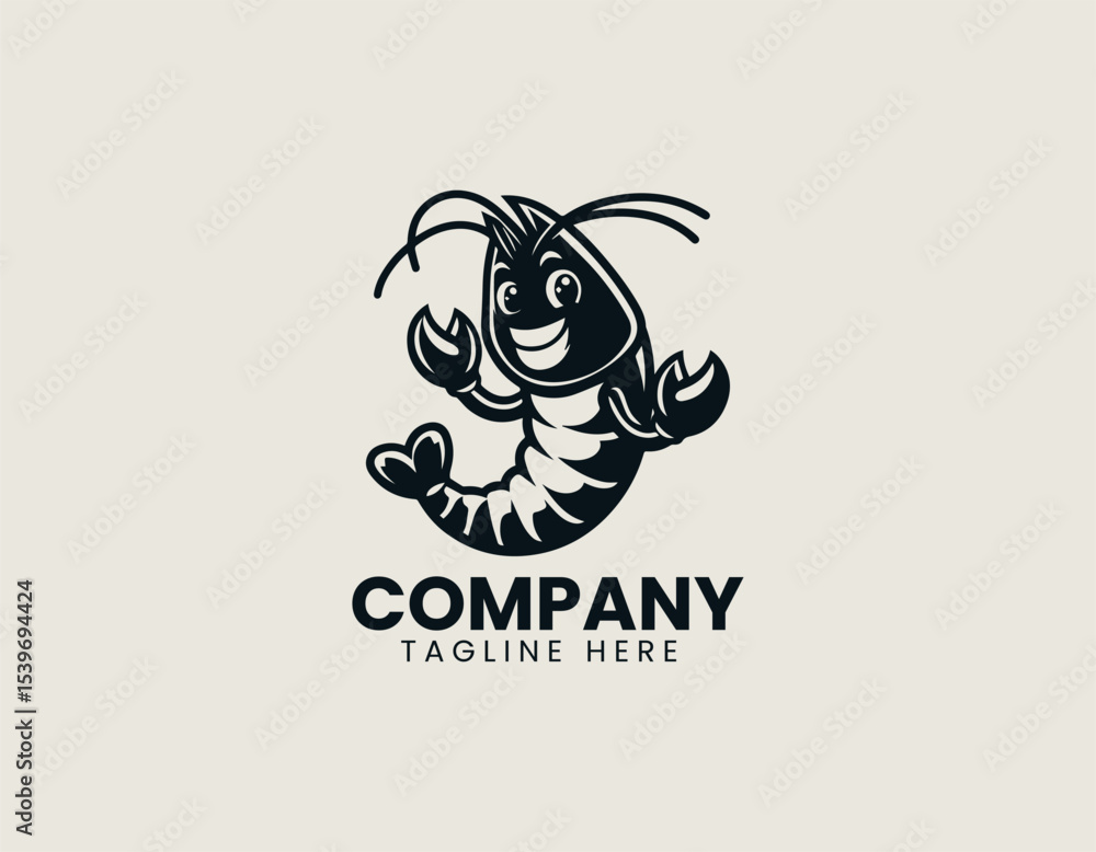 Fototapeta premium A cheerful black shrimp mascot character with friendly smile and bold outlines designed as vector logo illustration