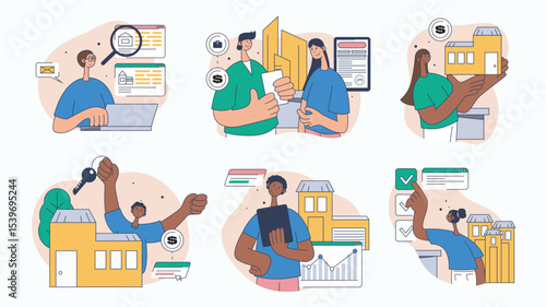 Real estate concept set for web design. Collection with people searching house online, buying new home, calculation mortgage, investment, more. Flat vector illustration isolated on white background.
