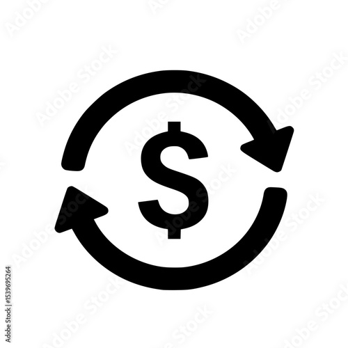 Vector illustration of a dollar sign silhouette surrounded by two curved arrows forming loop - cash flow or economic circulation concept
