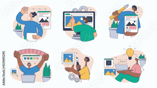 Creative design studio concept set for web design. Collection with people creating content and new project visualization, brainstorming, more. Flat vector illustration isolated on white background.