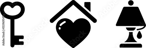 A simple black and white illustration of a key a house with a heart and a lamp on a white background