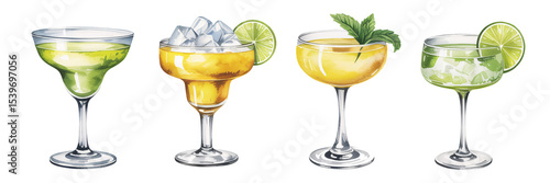 Delightful Watercolor Cocktails Lime Margarita Mojito Daiquiri Summer Drinks Menu Design, transparent background