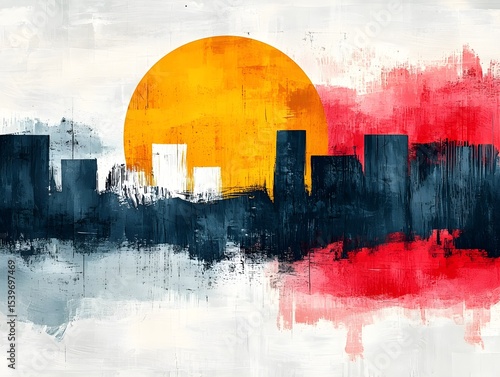 a painting of a city skyline with the sun in the b