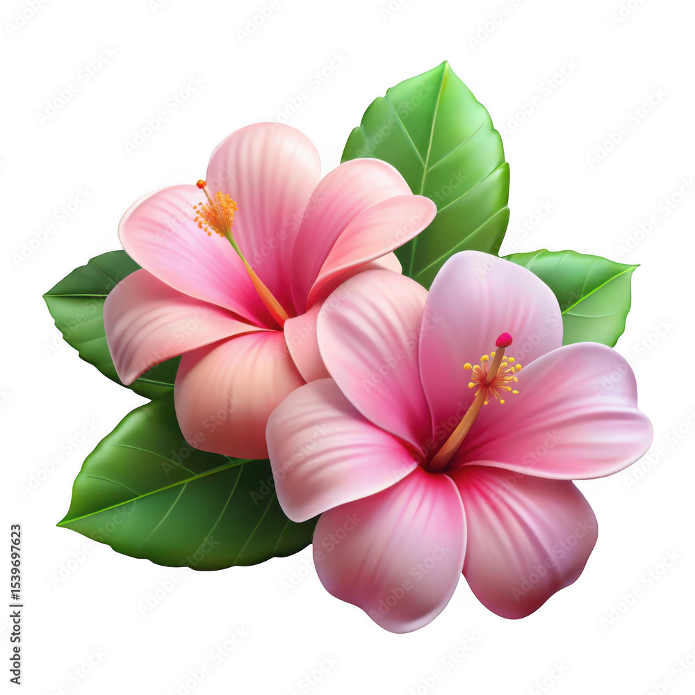 Two pink hibiscus flowers with leaves isolated on transparent background Two pink hibiscus flowers with leaves isolated on transparent background