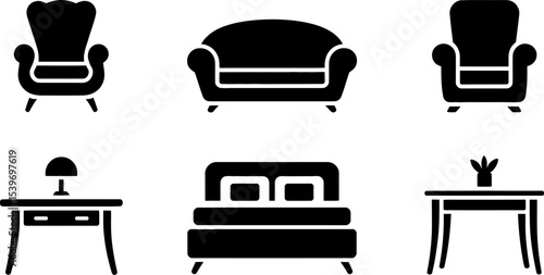 Collection of furniture icons including chairs sofa bed and tables in a minimalist black design