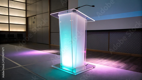 Wallpaper Mural Illuminated Podium with Gradient Lighting in a Modern Conference Room, a Sleek Speech Stand for Public Speaking Torontodigital.ca