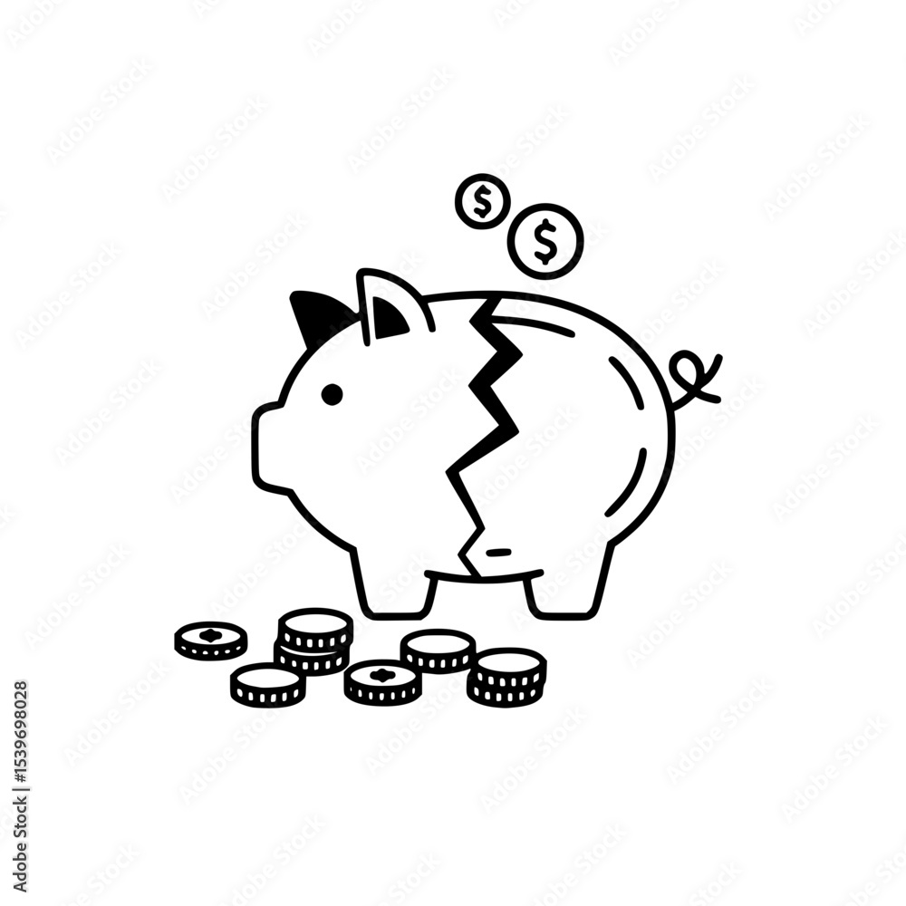Obraz premium Vector illustration of a piggy bank with crack or broken half, and coins falling out, outline style - economic crisis, recession, or personal financial loss concept