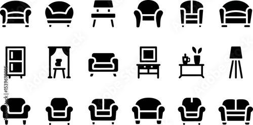 Collection of black furniture icons including armchairs tables and storage options in a flat design style