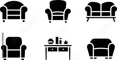 A collection of furniture icons featuring chairs sofas and a table with decorative items on top of it