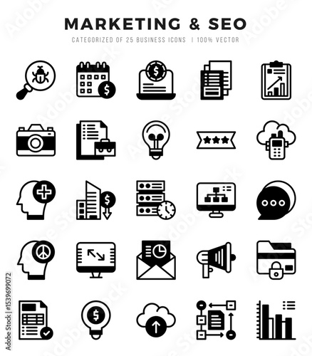 Marketing & SEO Icon Pack 25 Vector Symbols for Web Design.