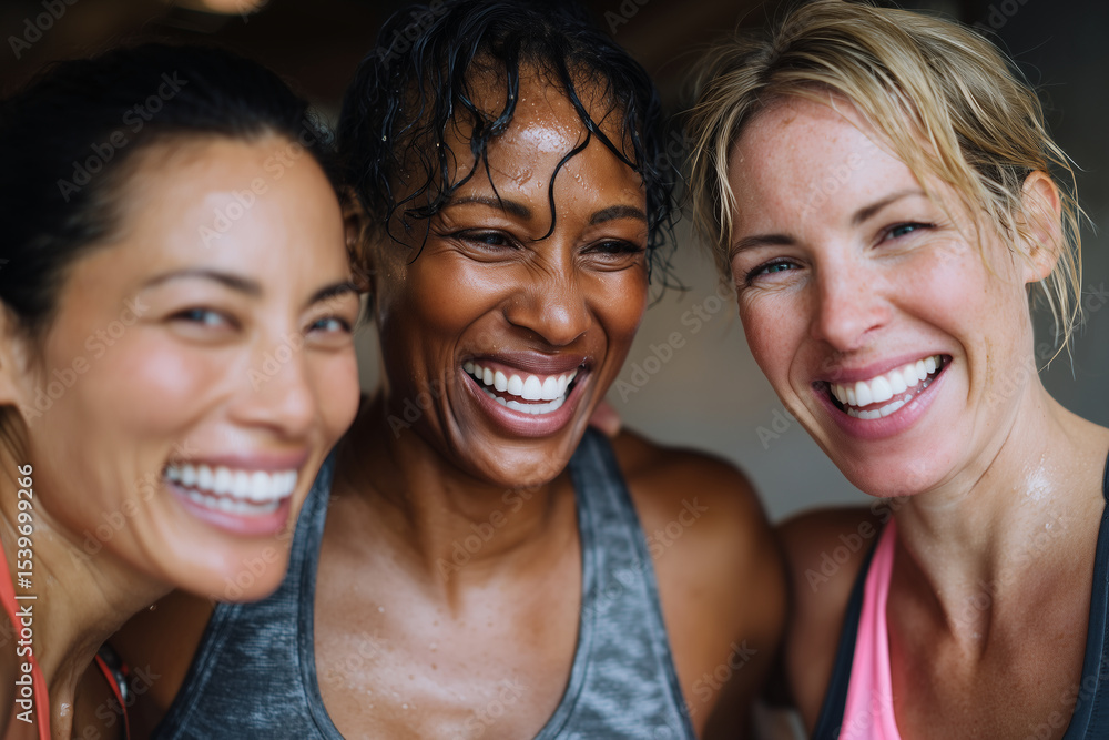 Three women of different ethnicities laugh together after a workout, close-up on their sweaty, smiling faces, Three women of different ethnicities laugh together after a workout, close-up on their sweaty, smiling faces,