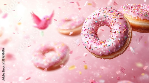A cascade of cartoon donuts with sprinkles flying through the air with a soft blur, surrounded by bright cartoon birds and floating confetti.