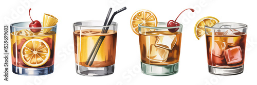 Delightful Cocktail Collection Featuring Whiskey Drinks Lemon Garnish and Cherries  Perfect for Menus and Bar Advertising, transparent background