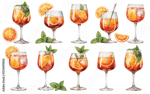 Aperol Spritz Cocktails Watercolor Illustration Perfect for Menus Drinks Recipes and Summer Designs, transparent background