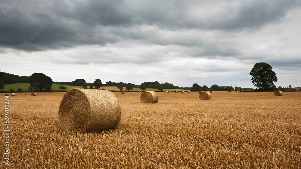 Fototapeta premium Bales of hay in a golden wheat field under a dramatic sky rural landscape photography nature wide view agricultural serenity