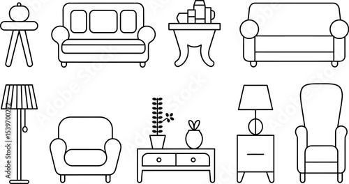 Line drawing of living room furniture including sofas lamps and tables with decorations on top
