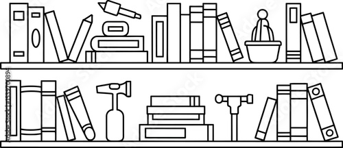 Two shelves with books and objects in black outline on a white background in a simple illustration style