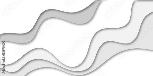 Abstract flowing wave layers in grayscale with soft shadows create a modern 3D paper-cut effect. Use as a minimalistic background for design, technology, or corporate presentation themes.