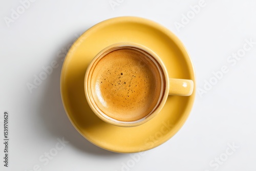 Bright Yellow Coffee Cup on Plate with Rich Espresso Shot Top View