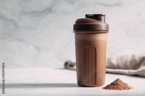 Chocolate protein shake with powder and shaker on marble background