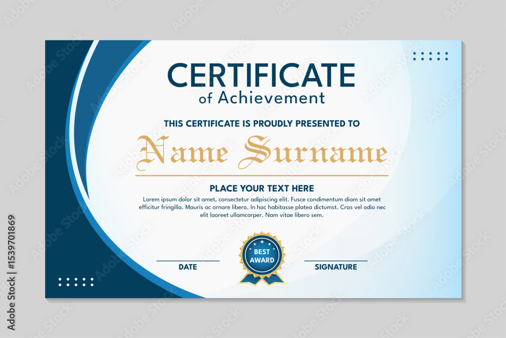 Obraz premium Simple blue and white wave achievement certificate template design