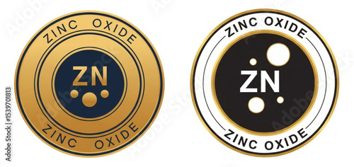 Zinc Oxide Chemical Compound Icons in Gold and Black | ZN Abbreviation Seals for Pharmaceutical, Cosmetic and Industrial Marketing