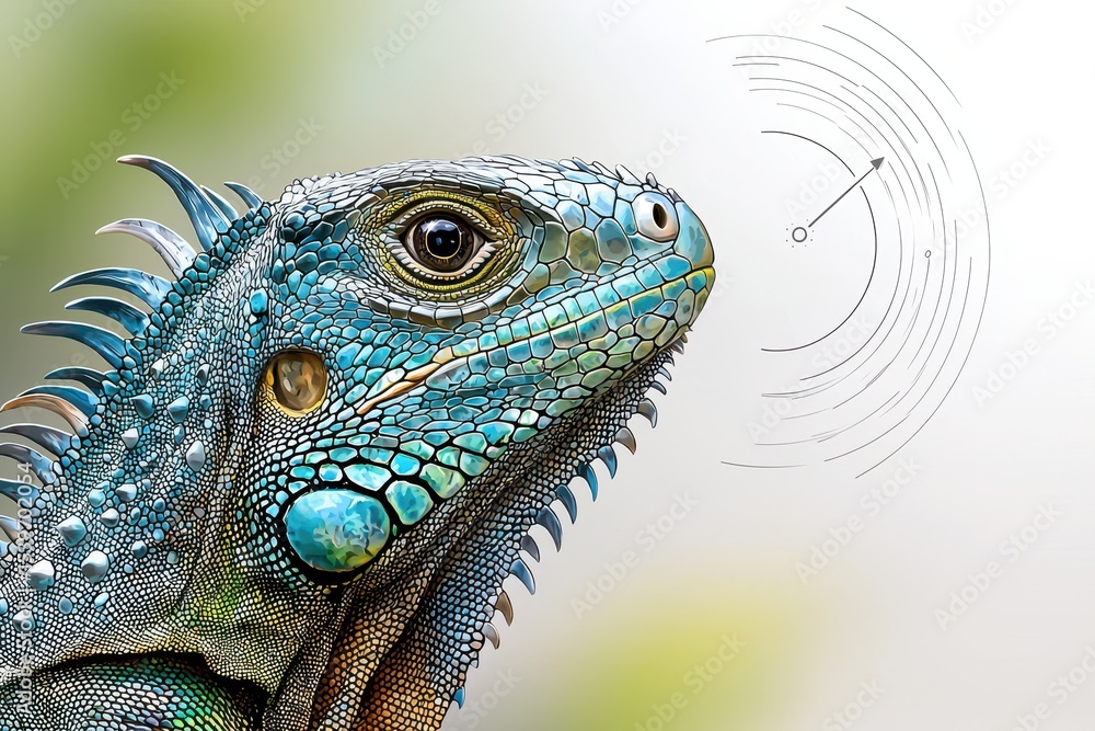 Obraz premium Pixelated Blue Iguana Portrait Against Blurred Background