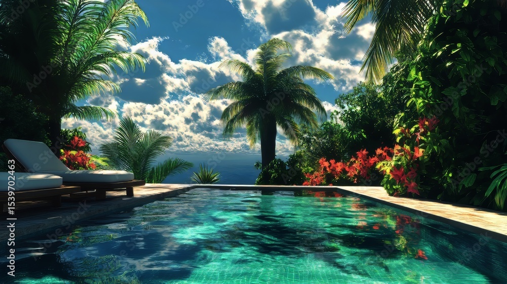 Obraz premium Poolside scene with loungers in a tropical setting