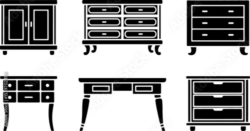 A collection of black furniture icons including cabinets and dressers on a white background display style
