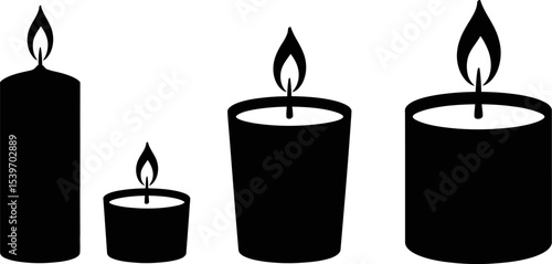 A graphic illustration of four candles of varying sizes with flames on a white background design element