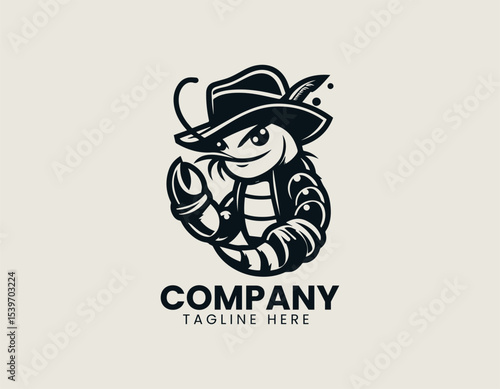 A fresh and playful shrimp pirate mascot character with eyepatch and bandana in bold vector logo illustration style