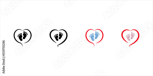 Vector baby footprints silhouette print drawing design isolated on white background.Black Footsteps.Baby shower.New born.Heart shape.Boy or girl.