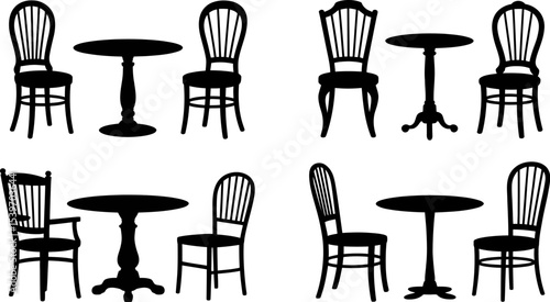 Silhouette of four tables and chairs sets arranged in a grid pattern on a white background