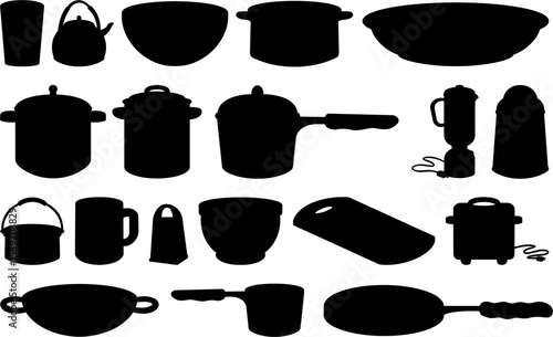 A set of kitchenware silhouette vector icons featuring pots, pans, mugs, kettles, and utensils, ideal for culinary design projects, restaurant branding, or cooking-related graphics.
