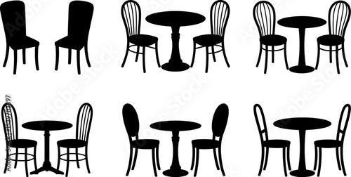 Black silhouettes of tables and chairs arranged in a pattern on a white background illustration