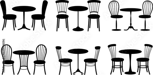 Various arrangements of tables and chairs in black silhouette on a white background pattern design