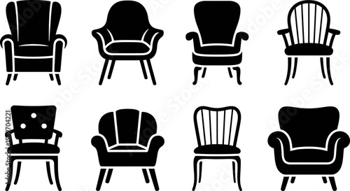 A collection of eight different black chair silhouettes arranged on a white background in two rows