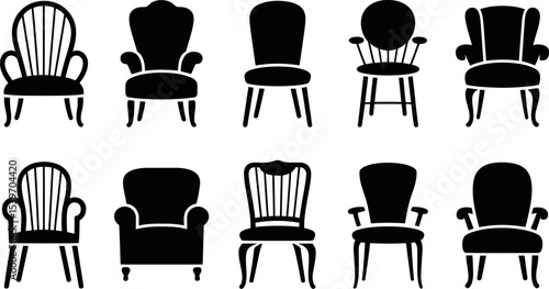Collection of ten different chair silhouettes in black and white showing various chair designs