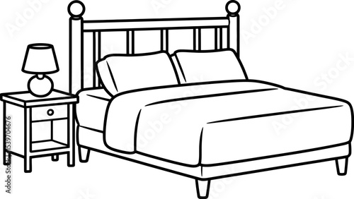 A line drawing of a bed with a nightstand and lamp in a simple black and white illustration style