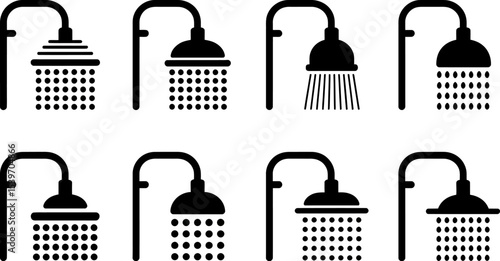 Eight black shower head icons with different spray patterns isolated on a white background vector image
