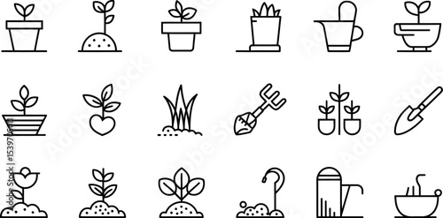 Collection of black outline garden and plant icons including pots soil and watering cans on white