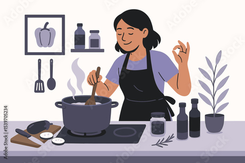 Flat-style vector illustration of a woman cooking soup on a stove and making an 